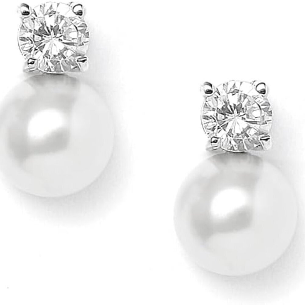 White Pearl Earrings with Cubic Zirconia Stud Bridal or Everyday Jewelry